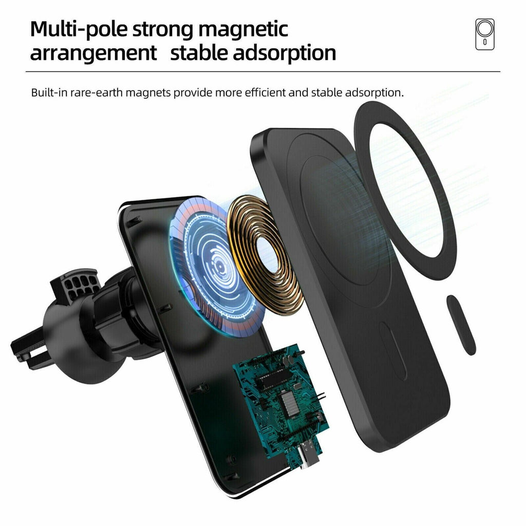 Magnetic Car Phone Mount Charger – Fast Wireless Charging (MagSafe Compatible)
